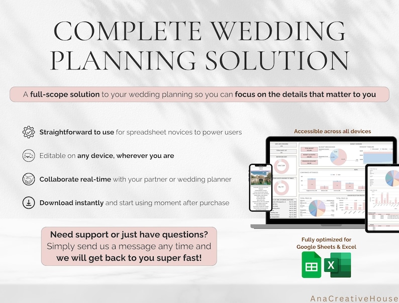 May include: A digital wedding planning solution displayed on a laptop, phone, and tablet. The image includes the text "COMPLETE WEDDING PLANNING SOLUTION" and highlights features like real-time collaboration and instant download. Optimized for Google Sheets & Excel.