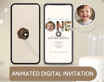 Editable First Birthday Invitation Classic 1st Birthday Party Invite Minimalist Boho 1st Boy Birthday Girl Birthday with photo