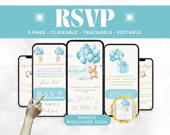 Blue Boy Teddy Bear Baby Shower Digital Invitation We Can Bearly Wait Shower Bear Balloon Boho Bear Invite Baby Shower Evite Online RSVP