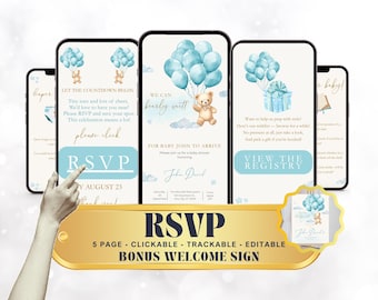 We Can Bearly Wait Bear Balloon Shower Boy Blue Teddy Bear Invite Baby Shower Invitation Template Clickable RSVP Tracker RSVP Online Form