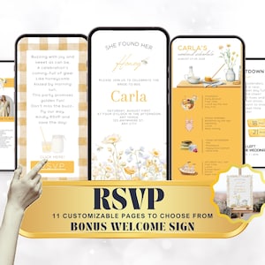 May include: Digital wedding invitation design displayed on smartphones. The design features a bee theme with floral accents and the text "She Found Her Honey" and "RSVP". Includes 11 customizable pages and a bonus welcome sign.