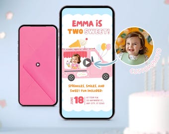 Two Sweet Birthday Party Invite with Custom Photo, 2nd Birthday Girl Invitation, Editable Toddler Evite