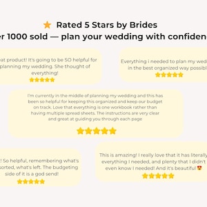 May include: Image featuring customer reviews for a wedding planning product. Text includes "Rated 5 Stars by Brides" and "Over 1000 sold - plan your wedding with confidence." Reviews are in yellow speech bubbles with star ratings.