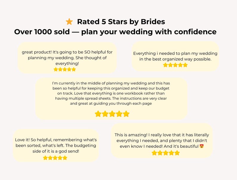 May include: Image featuring customer reviews for a wedding planning product. Text includes "Rated 5 Stars by Brides" and "Over 1000 sold - plan your wedding with confidence." Reviews are in yellow speech bubbles with star ratings.