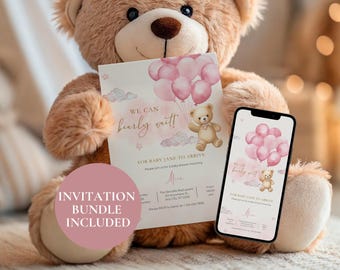Editable Pink Teddy Bear Baby Shower Invitation, We Can Bearly Wait Baby Shower Invite, Pink Girl Bear, Printable Digital Template