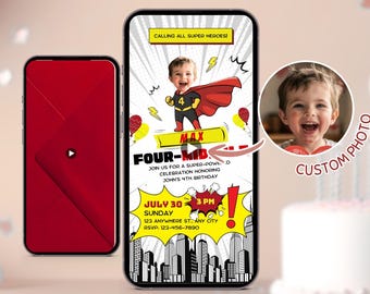Superhero Birthday Party Invitation Template, Editable Superhero Kids Invite With Photo, Digital Invite, 4th Birthday