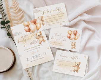 May include: A set of baby shower invitations and cards with a teddy bear theme. The invitations feature a teddy bear holding balloons and the text "We can bearly wait!" and "For Baby Chloe to Arrive". Other cards say "Books for baby", "Thank you beary much!", and "Diaper raffle".