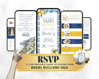 Invito digitale per il weekend del Bridal Shower nel Mediterraneo / Invito per il Bridal Shower sulla Costiera Amalfitana / Invito per la sposa nei colori limone e azzurro polvere