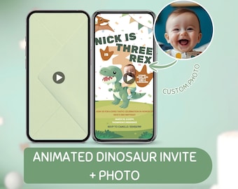 Editable Dinosaur Birthday Invitation, Animated Dino Invite With Photo, T-Rex Party Invitation, 3rd Birthday Template