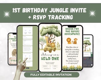 Wild One Birthday Safari Invitation - Editable Digital Invite with Online RSVP -Jungle Animal 1st Birthday Party Template