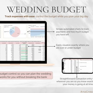 May include: A laptop and smartphone display a wedding budget spreadsheet with charts and data. The text "WEDDING BUDGET" is at the top, with additional text describing the features. The image is designed to help track expenses and control the budget.