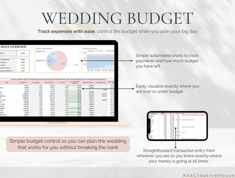 May include: A laptop and smartphone display a wedding budget spreadsheet with charts and data. The text "WEDDING BUDGET" is at the top, with additional text describing the features. The image is designed to help track expenses and control the budget.