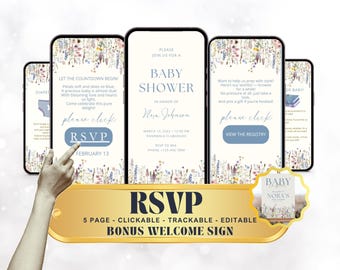 Junge Baby in Bloom Digitale Einladung mit Antwort Blau Wildflower Baby Shower Evite, bearbeitbares Baby in Bloom Invite für Jungen Baby Blooming