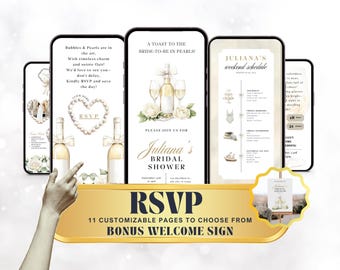 Invito per addio al nubilato con perle e prosecco / Invito per addio al nubilato con champagne modificabile / Addio al nubilato o celibato moderno con RSVP online