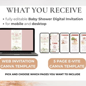 May include: A digital baby shower invitation template displayed on a laptop and several smartphones. The invitation features a soft pink and floral design. The text reads "WHAT YOU RECEIVE" and "WEB INVITATION CANVA TEMPLATE" and "5 PAGE E-VITE CANVA TEMPLATE".