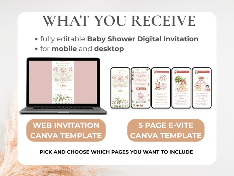 May include: A digital baby shower invitation template displayed on a laptop and several smartphones. The invitation features a soft pink and floral design. The text reads "WHAT YOU RECEIVE" and "WEB INVITATION CANVA TEMPLATE" and "5 PAGE E-VITE CANVA TEMPLATE".