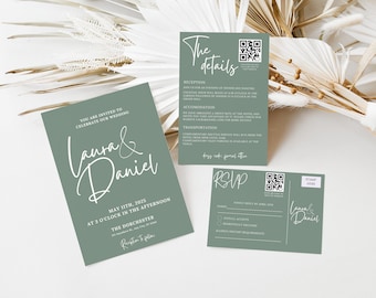 Neutralgrüne Hochzeitseinladung, Sage Grüne Hochzeitseinladung mit QR Code, Detailkarte und Antwortkarte mit QR Code, Laura