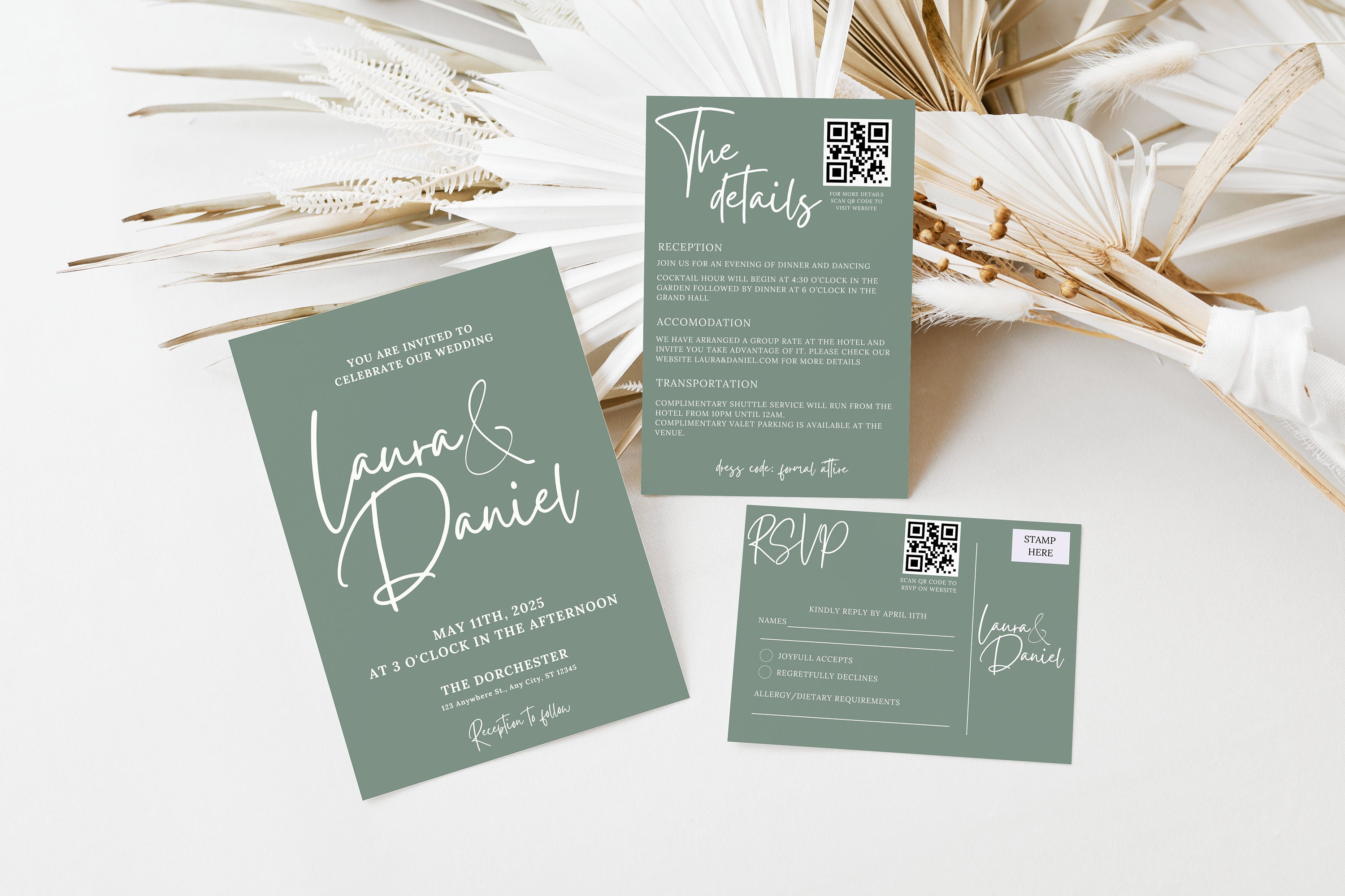 Neutral Greenery Wedding Invitation, Sage Green Wedding Invitation