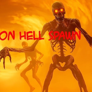 Könnte beinhalten: Drei Skelette mit leuchtend roten Augen tauchen aus einem wirbelnden orangefarbenen Hintergrund auf. Der Text "SKELETON HELL SPAWN" ist in Rot oben im Bild geschrieben.