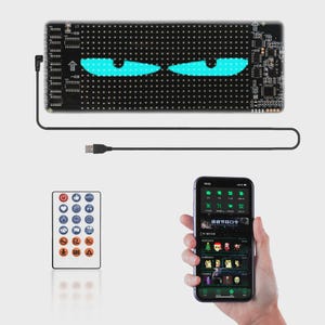 May include: A black LED display with glowing blue eyes, connected by a USB cable. A remote control with various buttons and a smartphone displaying an app interface are also present. The smartphone is held by a person.