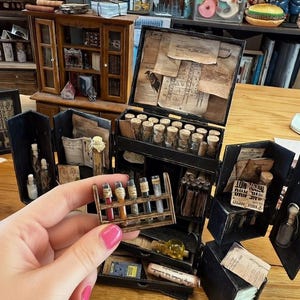 Könnte beinhalten: Miniatur-Apothekerset mit schwarzem Koffer, mit kleinen Glasflaschen, Fläschchen und gealtertem Papier. Eine Hand hält ein kleines Holzgestell mit farbigen Reagenzgläsern. Das Set enthält einen kleinen Holzschrank und andere dekorative Gegenstände.