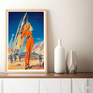 Retro Print Female Astronaut Pulp Art Digital Download Scifi Print Space Poster Space Art Theme Wall Art Retro Futuristic Art 50s 60s Poster