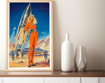 Retro Space Art Print: Female Astronaut, Sci-Fi Pulp (Digital Download)