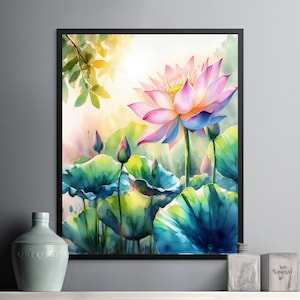 以下が含まれることがあります： ピンクと紫の蓮の花と緑の葉を描いた水彩画。花は満開で、葉はその周りに配置されています。絵は写実的なスタイルで描かれており、色は鮮やかです。