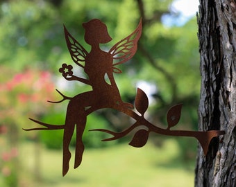 Handgemaakte zittende Fairy Tree Plug | Rustieke tuindecoratie | Handgemaakte cortenstaal tuinkunst | Fantasie buitendecor | Fee sieraad