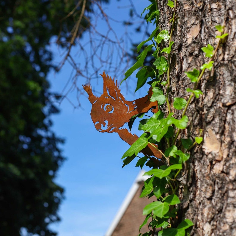 Curious Squirrel Tree Plug Handmade Corten Steel Garden Decor Nature Lover's Gift Rustic Charm Grandmas Garden Decor Garden Stakes image 1