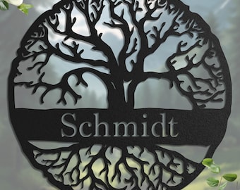 Gepersonaliseerde boom metalen wanddecoratie | Metalen bord met boommotief | Teken levensboom | Aanpasbare naam | Hoogwaardig stalen bord
