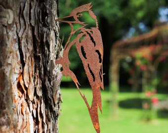 Corten Stahl Spechtbaumstecker | Handgefertigte Garten Ornament | Perfektes Geschenk für Vogelbeobachter | Rustikales Outdoor Dekor | Vogel Dekoration |