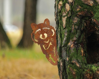 Bouchon d'arbre en acier corten en forme de raton laveur | Décor animalier | Décoration de jardin fabriquée à la main | Cadeau idéal pour les amoureux de la nature | Décoration extérieure rustique | Art de la cour