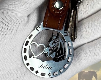 Heart in Horseshoe Personalized Keychain Love & Loyalty Keychain with Horse Head and Heart | Symbolic Accessory for Equestrians