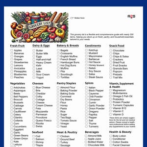 Druckbare Essensplanung Essentials: Master Grocery List | Checkliste für Mahlzeiten & Pantry Heftklammern | Fast 200 Objekte und 16 Kategorien.