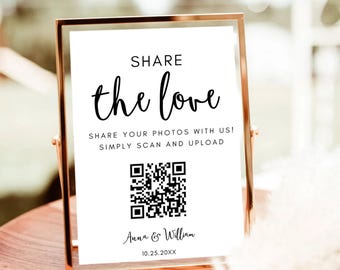 Modern Minimalist QR Code Wedding Photo Card Template, Canva Editable (Digital Download)