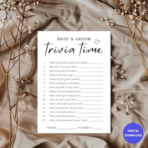 Trivia Game Wedding For Bride And Groom, Minimalist Bridal Shower Game, Who Knows The Couple Best, Engagement Party game, Canva Editable