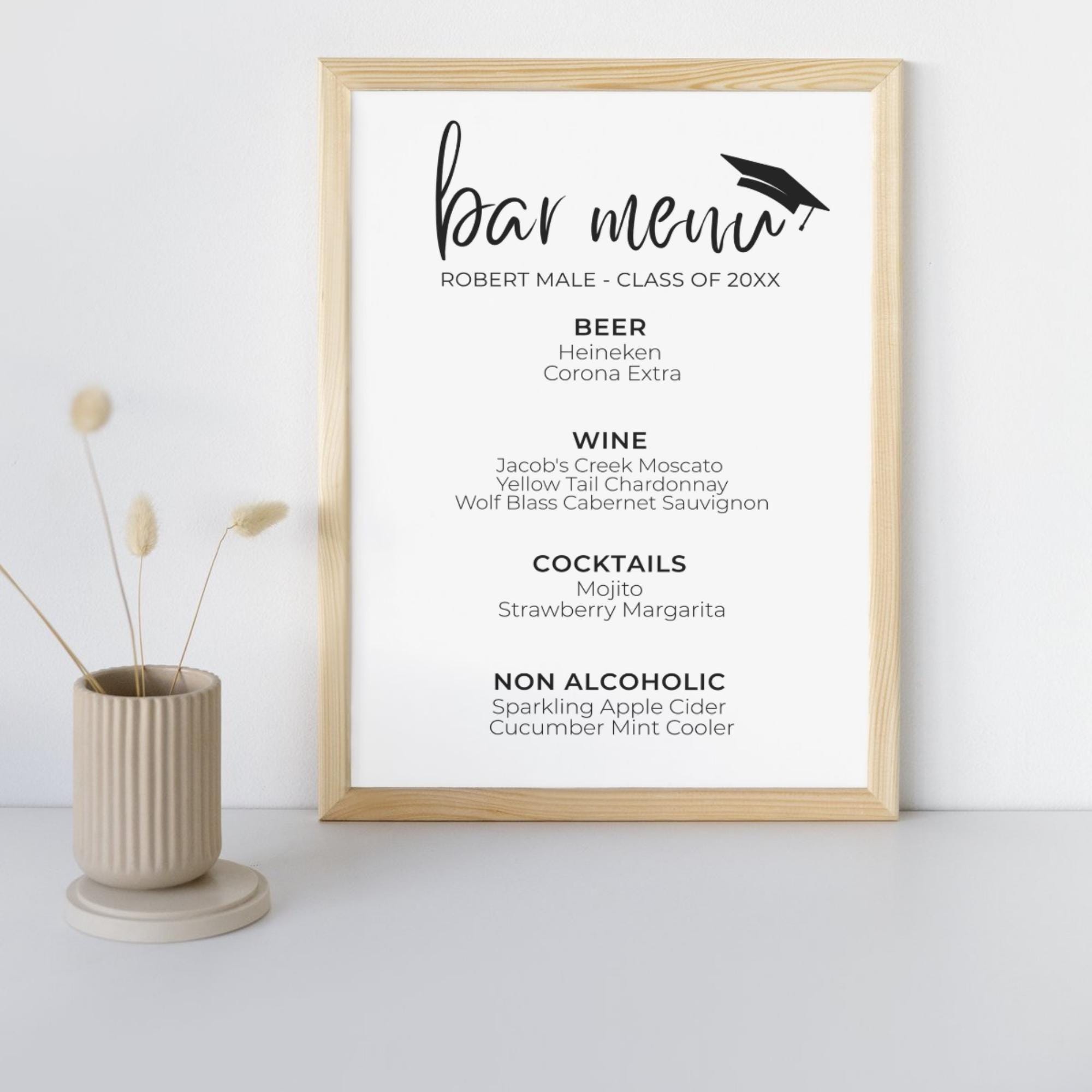 Graduation Bar Menu Sign Template, Elegant Minimalist Grad Party Drinks ...