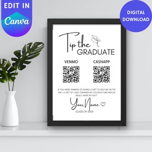 Letrero de fiesta de graduación / Letrero de regalo de graduación / Letrero de código QR / Letrero de propina al graduado / Letrero de Venmo / Letrero de CashApp / Letrero de Paypal / Descarga digital