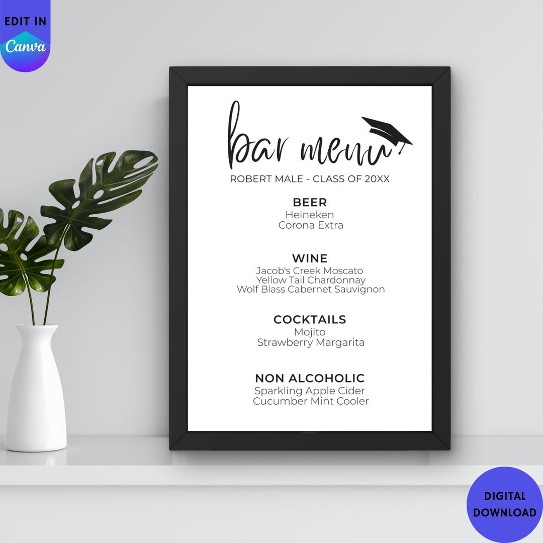 Graduation Bar Menu. Example Graduation Bar Menu Sign Template, Elegant Minimalist Grad Party Drinks ...