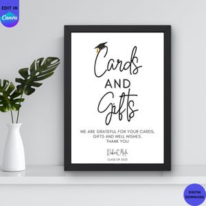 Placas para cartões e presentes de formatura para imprimir, decoração minimalista moderna para formatura, placa de mesa editável para festa de formatura, baixar modelo do Canva