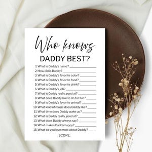 Modèle imprimable Who Knows Daddy, le meilleur jeu pour papa, carte de jeu minimaliste pour la fête des pères, jeu d'information pour baby shower