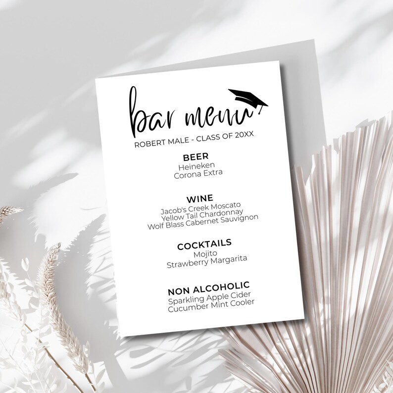 Graduation Bar Menu. Example Graduation Bar Menu Sign Template, Elegant Minimalist Grad Party Drinks ...