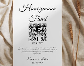 Honeymoon Fund QR Code Wedding Sign Template, Editable in Canva (Digital Download)