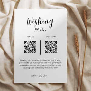 Wishing Well QR-codebord, modern bruiloft kassabord, QR-code huwelijksreisfonds, Venmo QR-code minimalistisch huwelijksreisbord