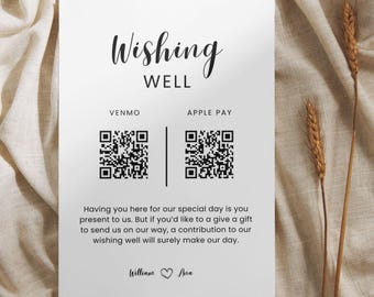 Puede incluir: Una tarjeta blanca con el texto "Wishing Well" en letra cursiva negra. La tarjeta tiene dos códigos QR, uno etiquetado como "Venmo" y el otro como "Apple Pay". El texto debajo de los códigos QR dice: "Tenerte aquí para nuestro día especial es un regalo para nosotros. Pero si quieres hacer un regalo para ayudarnos a empezar, una contribución a nuestro "Wishing Well" seguramente hará que nuestro día sea un éxito." La tarjeta está firmada "William & Ana".
