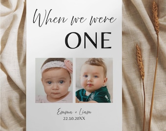 Plantilla elegante para números de mesa de boda: Letrero con collage de fotos (Descarga digital, plantilla imprimible en Canva)
