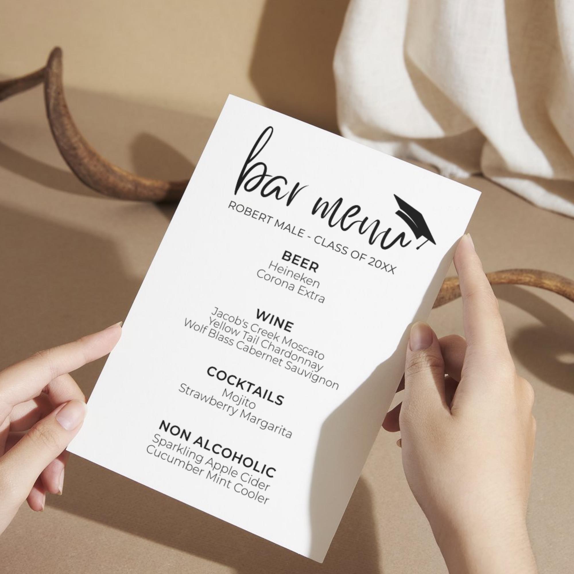 Graduation Bar Menu. Example Graduation Bar Menu Sign Template, Elegant Minimalist Grad Party Drinks ...
