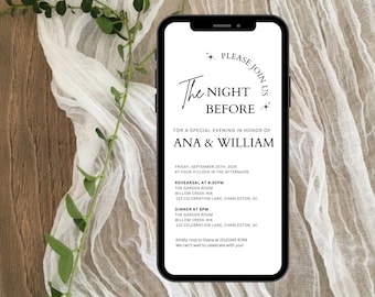 Modello di invito minimalista per la cena di prova, invito digitale per matrimonio, invito moderno modificabile per la cena della sera prima