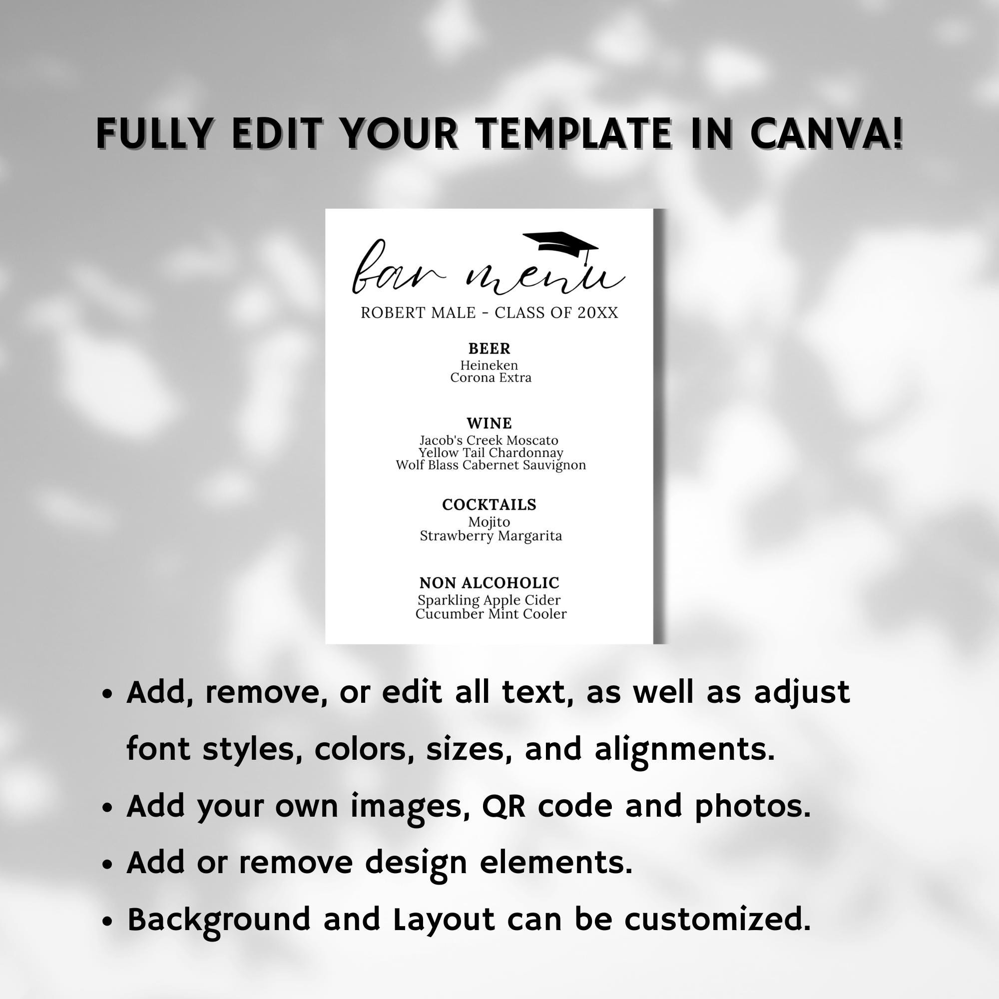 Graduation Bar Menu. Example Graduation Bar Menu Sign Template, Editable Cocktail List (digital ...